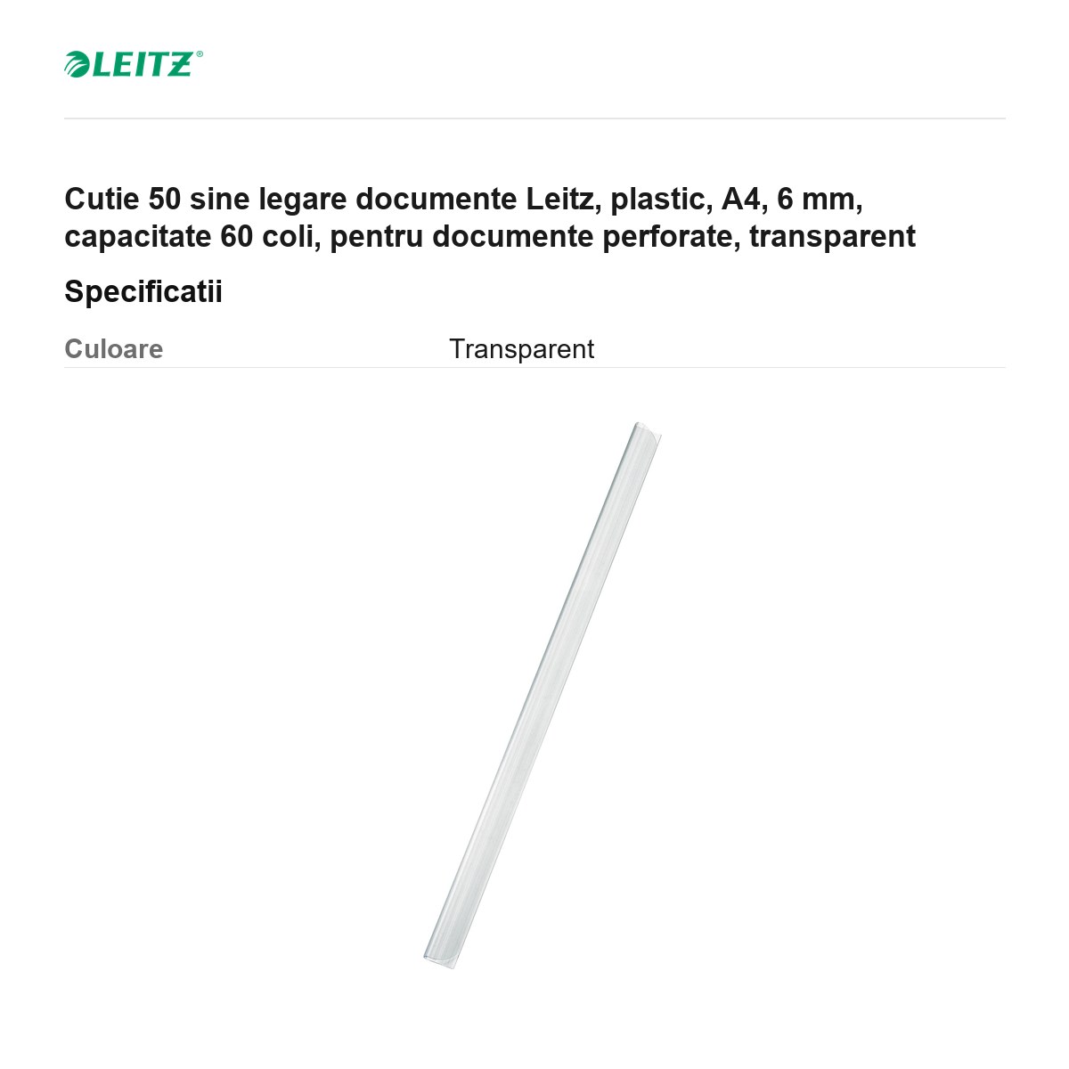 Cutie 50 sine legare documente Leitz, plastic, A4, 6 mm, capacitate 60 coli, pentru documente perforate, transparent [2]