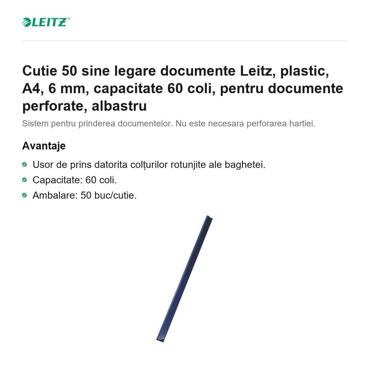 Cutie 50 sine legare documente Leitz, plastic, A4, 6 mm, capacitate 60 coli, pentru documente perforate, albastru [1]