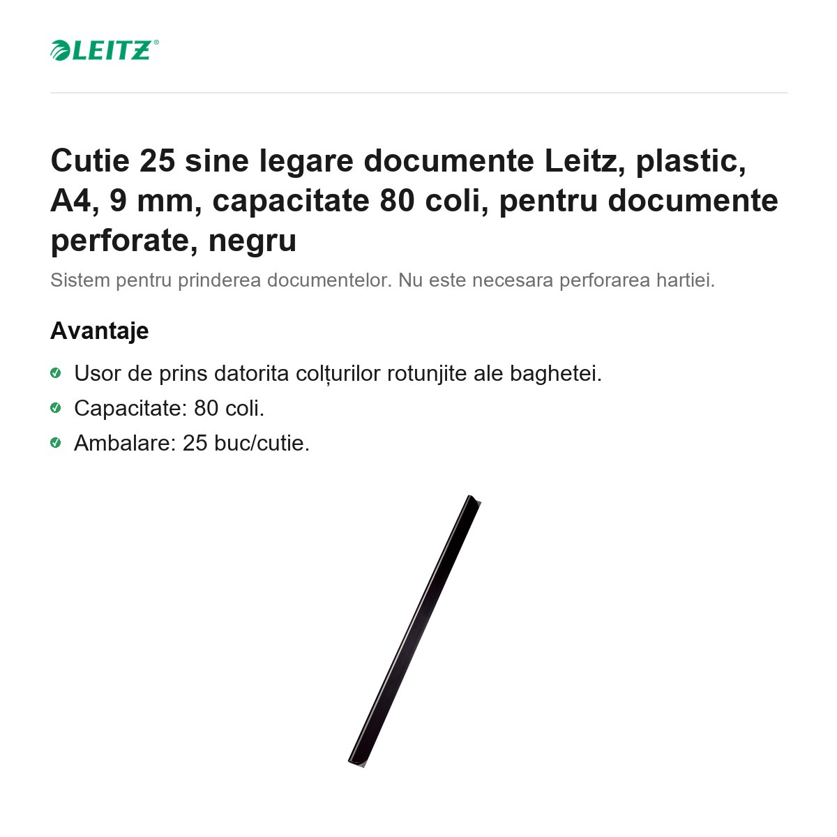 Cutie 25 sine legare documente Leitz, plastic, A4, 9 mm, capacitate 80 coli, pentru documente perforate, negru [1]