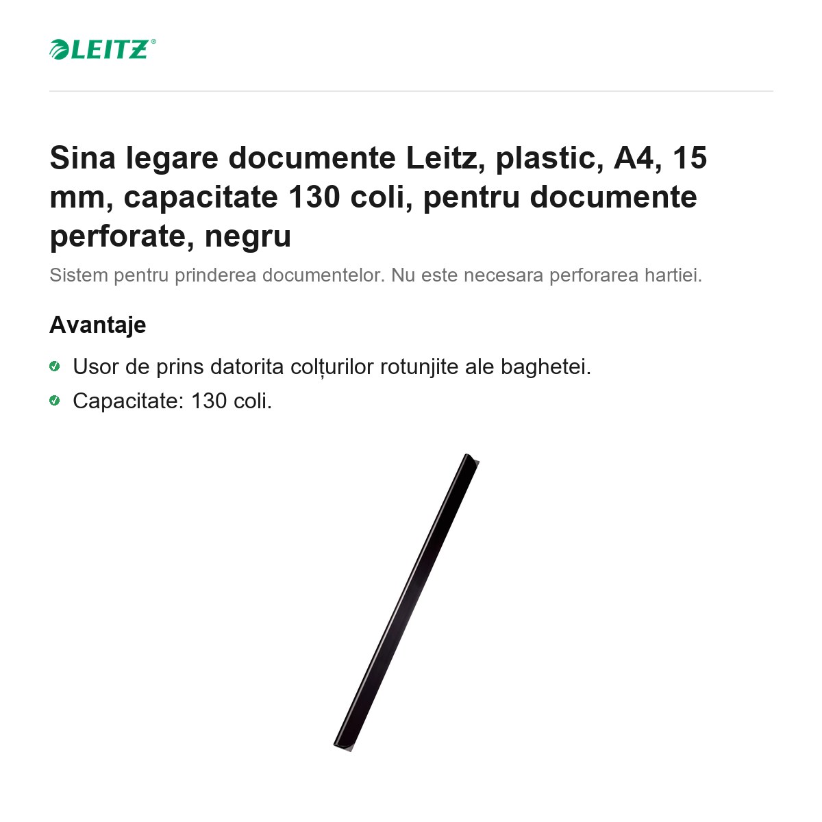 Sina legare documente Leitz, plastic, A4, 15 mm, capacitate 130 coli, pentru documente perforate, negru [1]