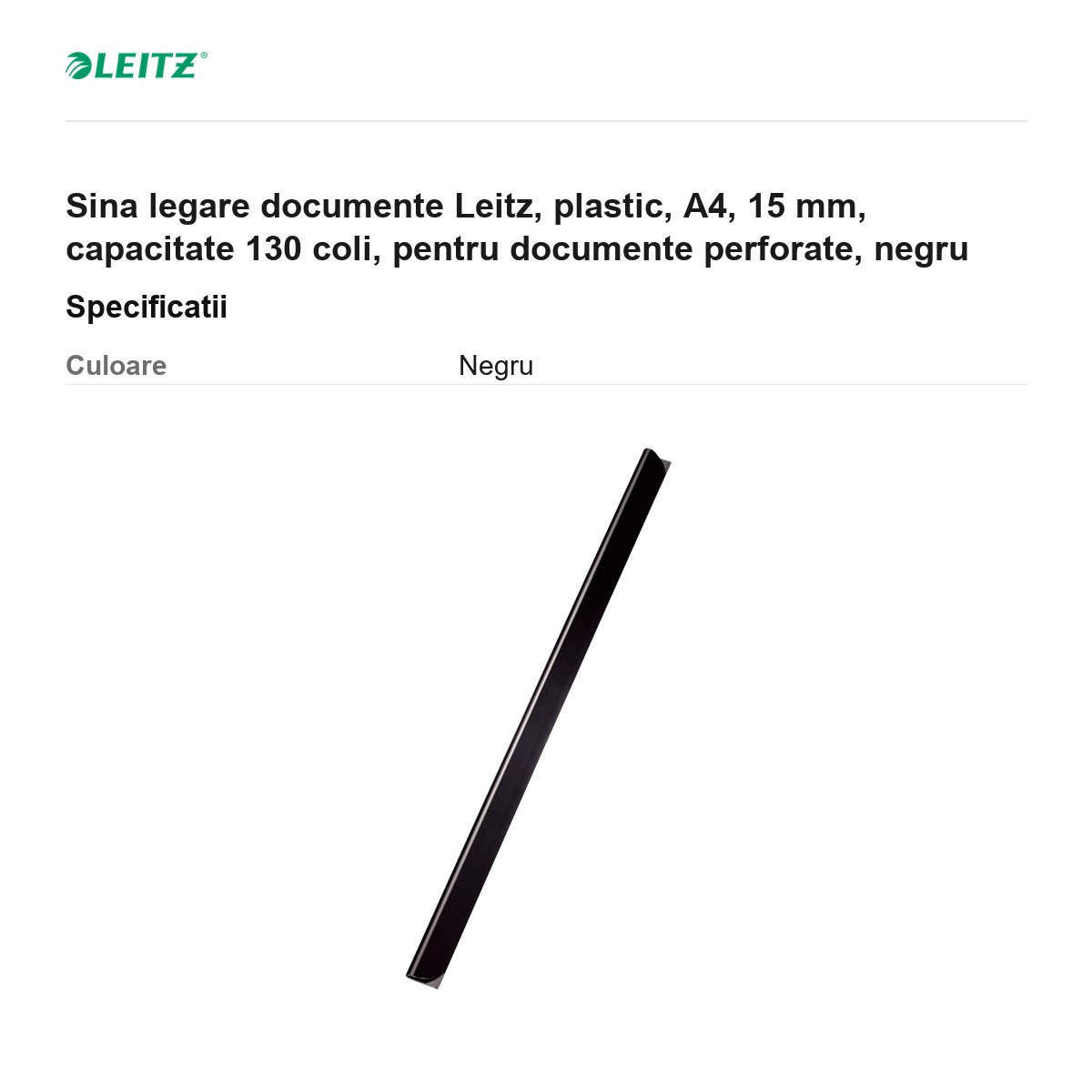 Sina legare documente Leitz, plastic, A4, 15 mm, capacitate 130 coli, pentru documente perforate, negru [2]