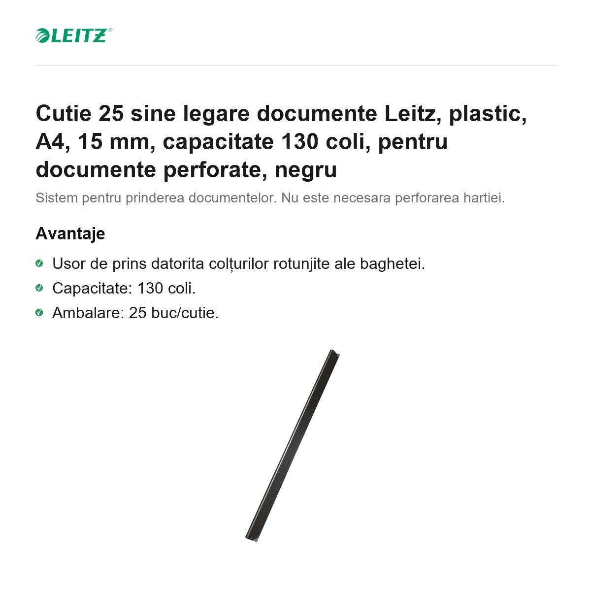 Cutie 25 sine legare documente Leitz, plastic, A4, 15 mm, capacitate 130 coli, pentru documente perforate, negru [1]