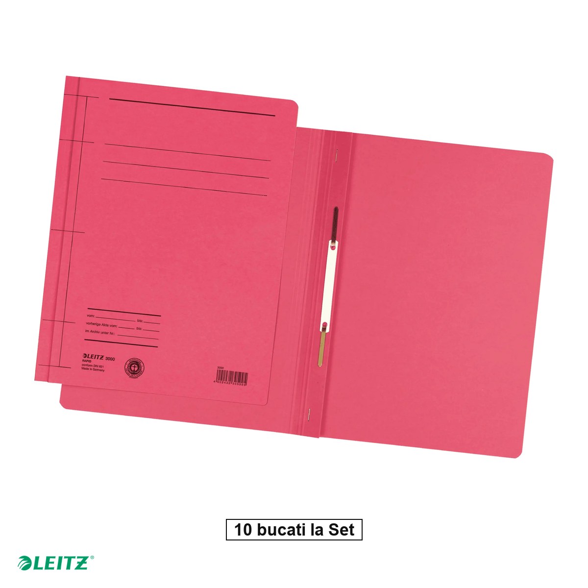 Dosare carton - Set 10 dosare din carton cu sina, Leitz, capacitate 250 de coli de 80 g, pentru arhivare, rosu