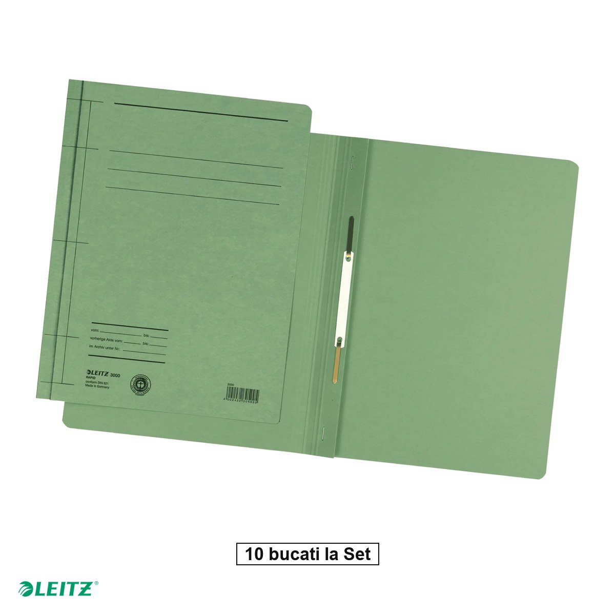 Dosare carton - Set 10 dosare din carton cu sina, Leitz, capacitate 250 de coli de 80 g, pentru arhivare, verde