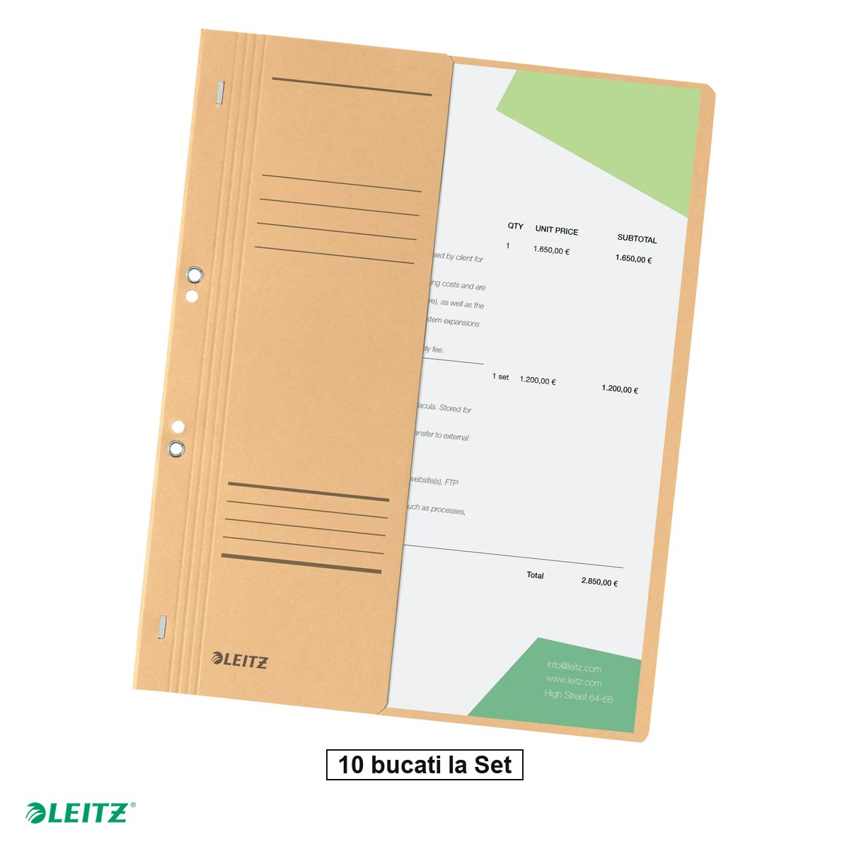 Dosare carton - Set 10 dosare cu sina Leitz 1/2, carton, A4, cu capse, capacitate 170 coli, pentru arhivare, kraft