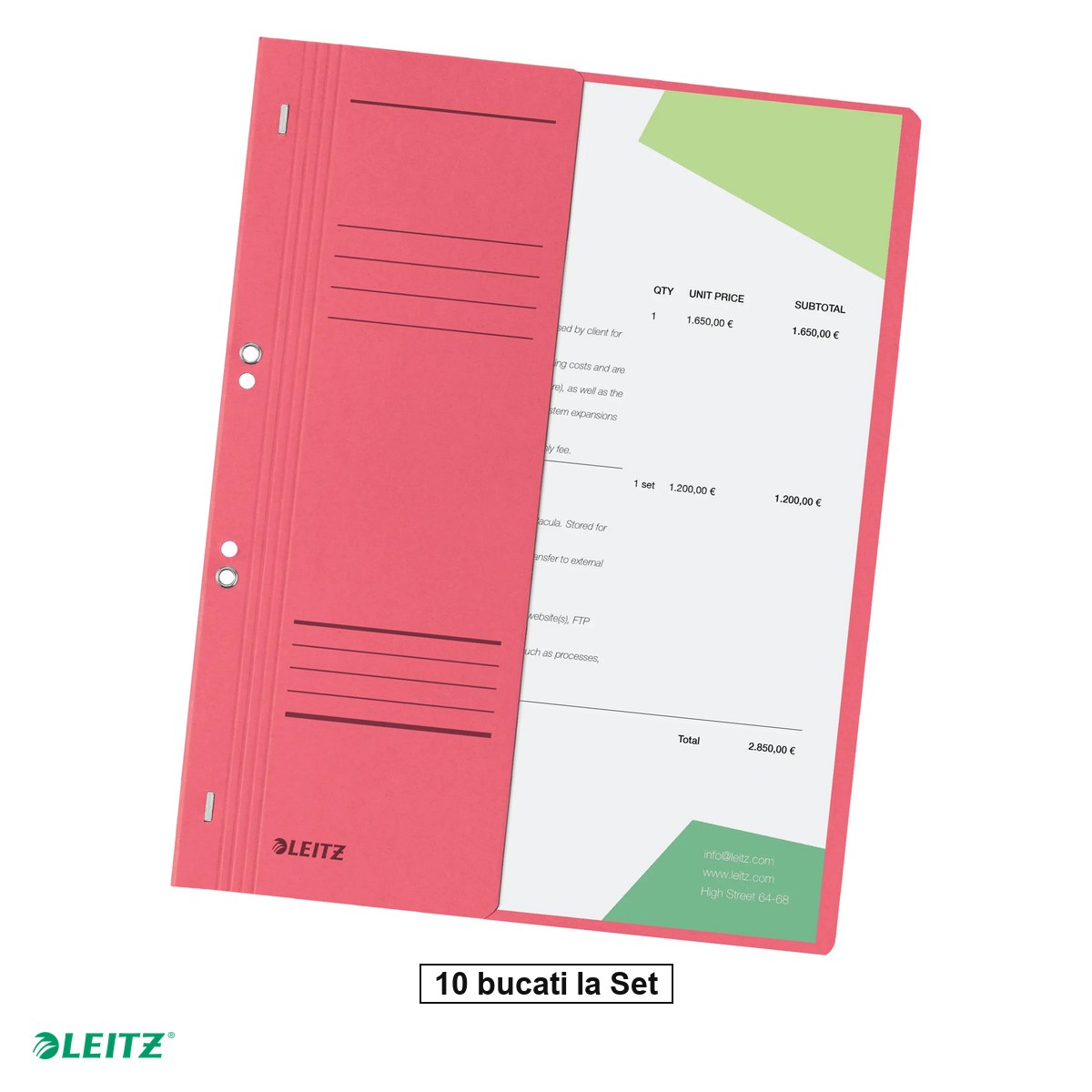 Dosare carton - Set 10 dosare cu sina Leitz 1/2, carton, A4, cu capse, capacitate 170 coli, pentru arhivare, rosu