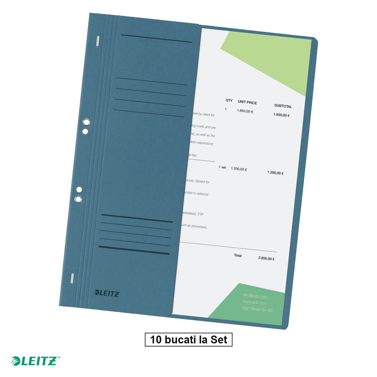 Dosare carton - Set 10 dosare cu sina Leitz 1/2, carton, A4, cu capse, capacitate 170 coli, pentru arhivare, albastru