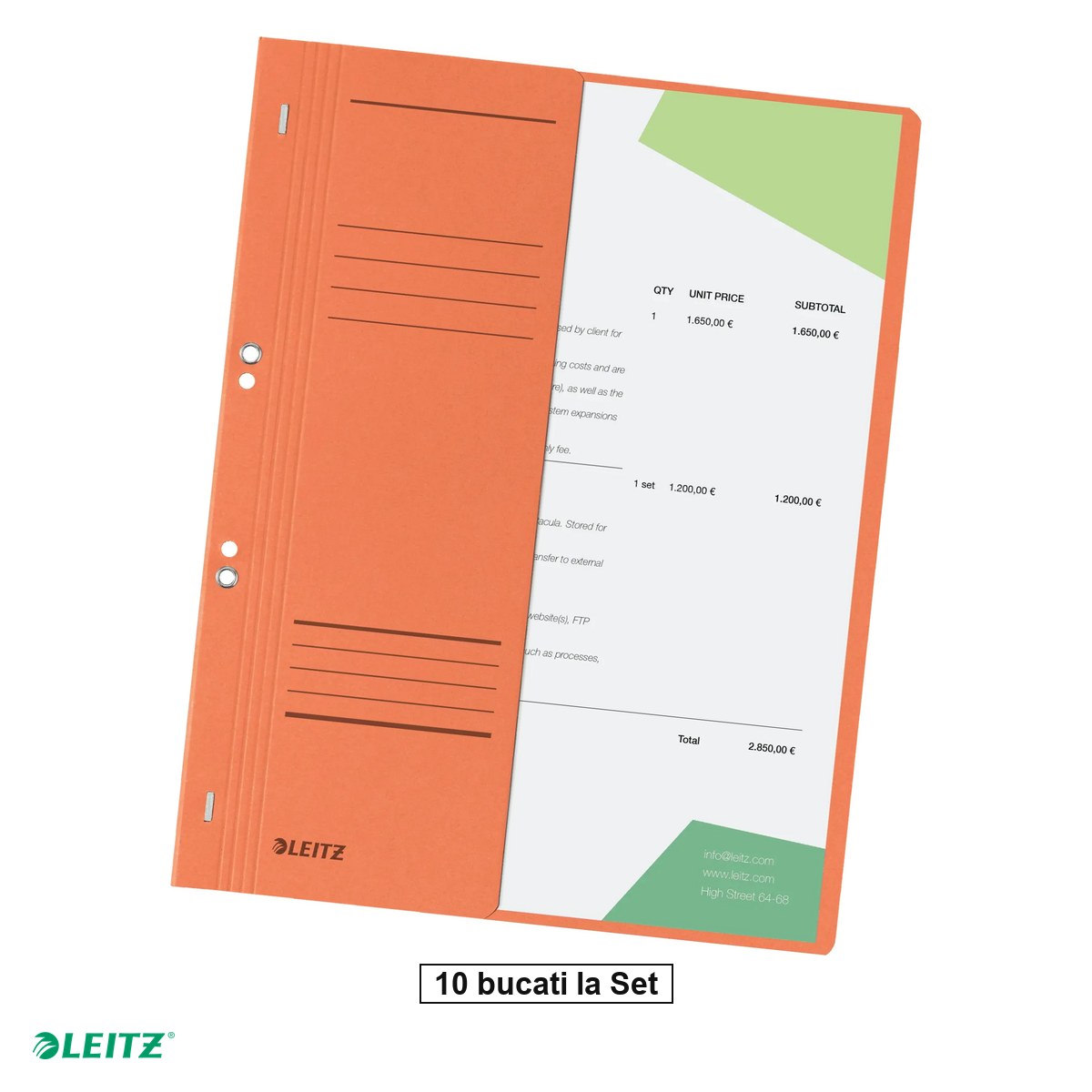 Dosare carton - Set 10 dosare cu sina Leitz 1/2, carton, A4, cu capse, capacitate 170 coli, pentru arhivare, portocaliu