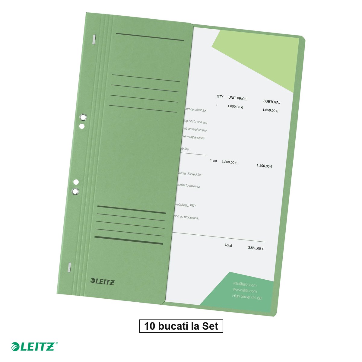 Dosare carton - Set 10 dosare cu sina Leitz 1/2, carton, A4, cu capse, capacitate 170 coli, pentru arhivare, verde