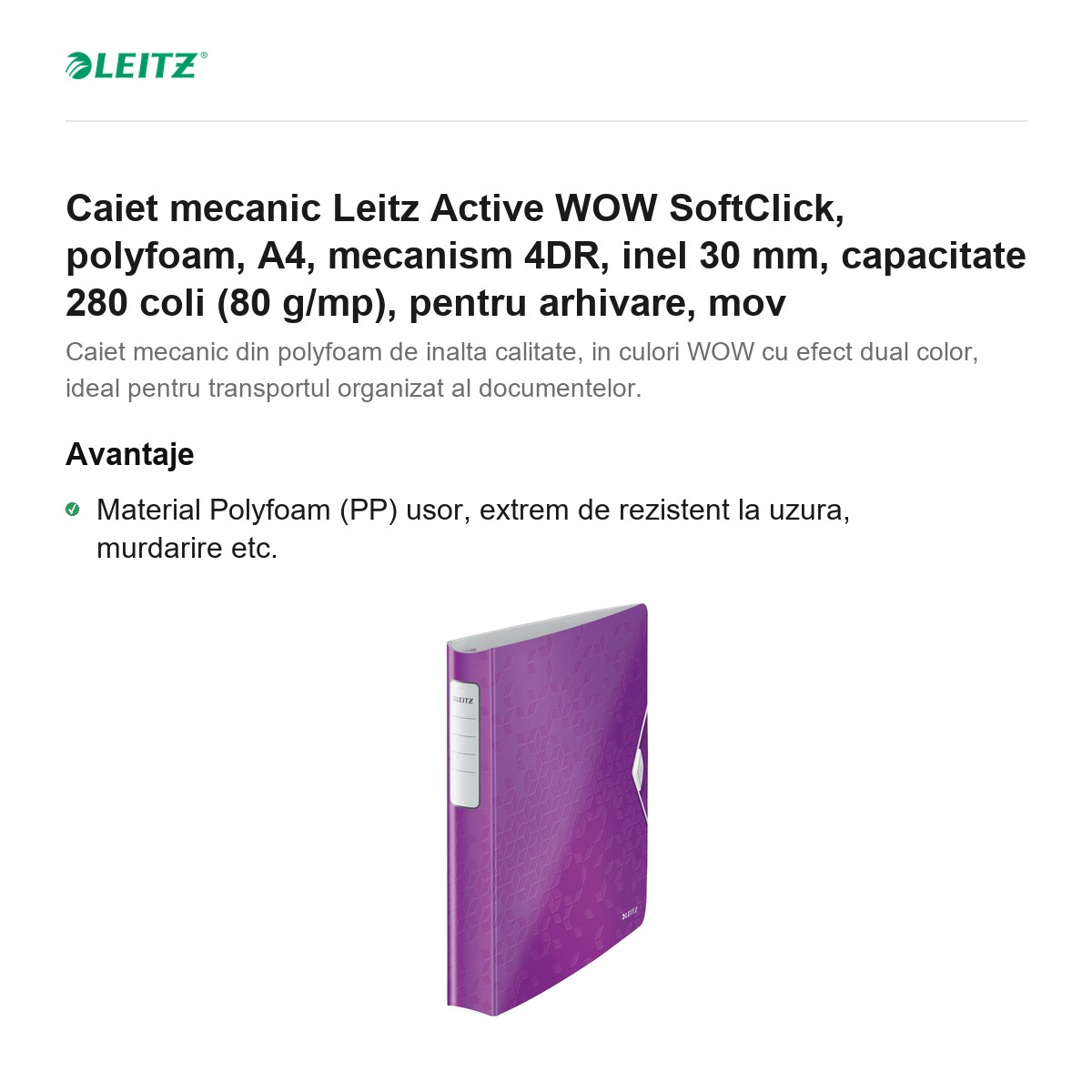 Caiet mecanic Leitz Active WOW SoftClick, polyfoam, A4, mecanism 4DR, inel 30 mm, capacitate 280 coli (80 g/mp), pentru arhivare, mov [1]