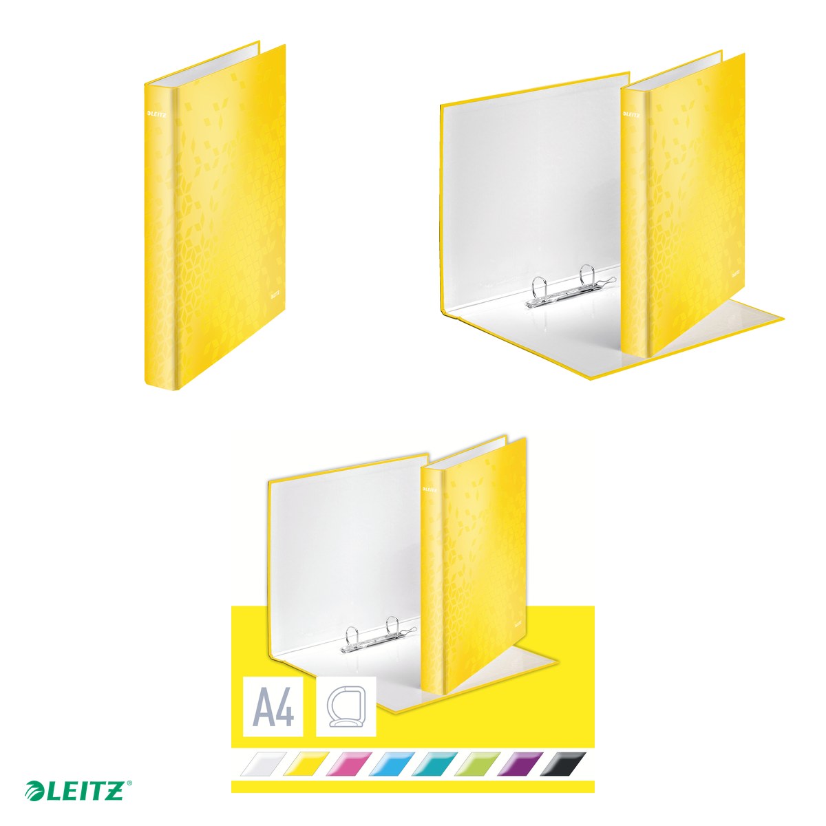 Caiet mecanic Leitz WOW, carton laminat, A4, mecanism 2DR, inel 25 mm, capacitate 250 coli (80 g/mp), galben [3]