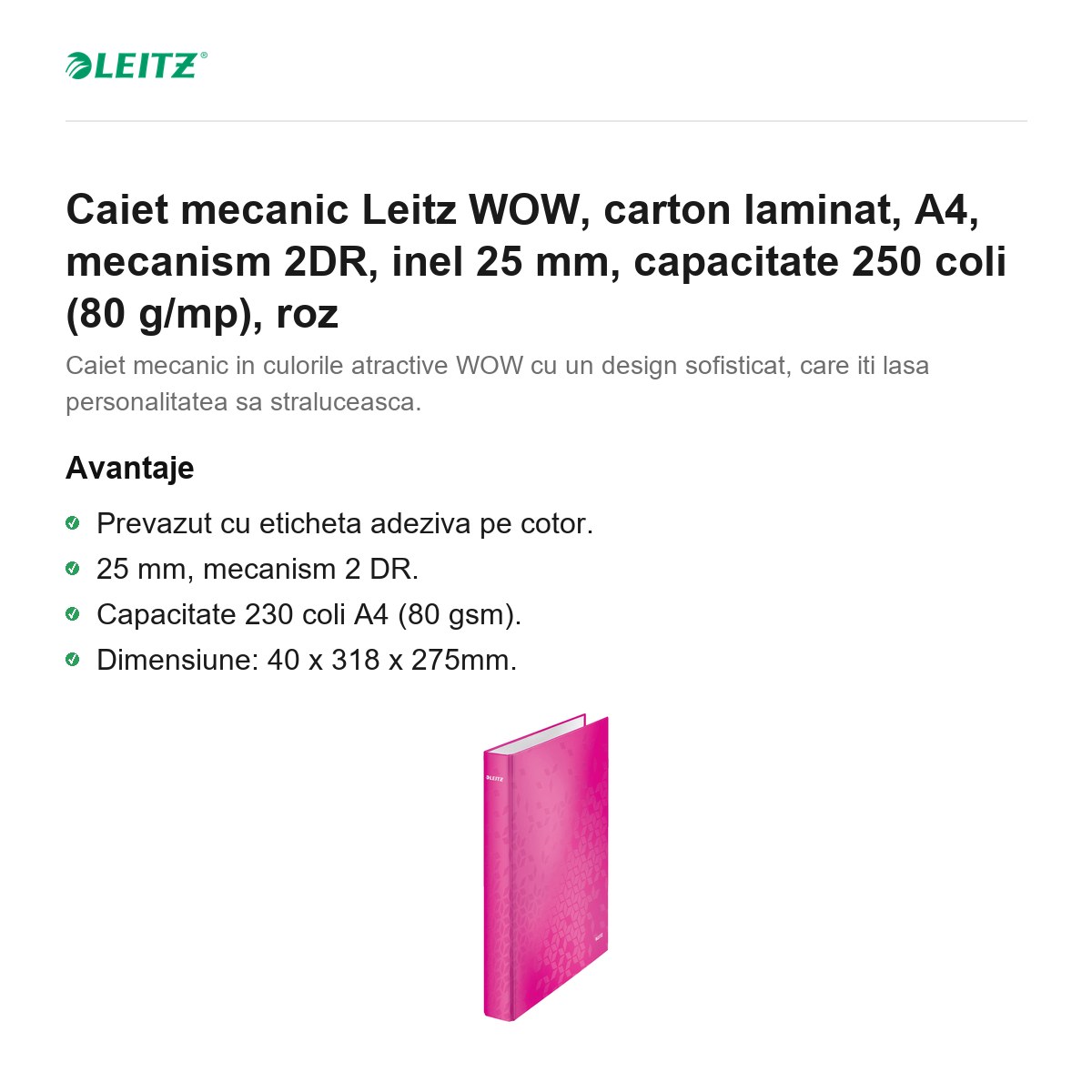 Caiet mecanic Leitz WOW, carton laminat, A4, mecanism 2DR, inel 25 mm, capacitate 250 coli (80 g/mp), roz [1]