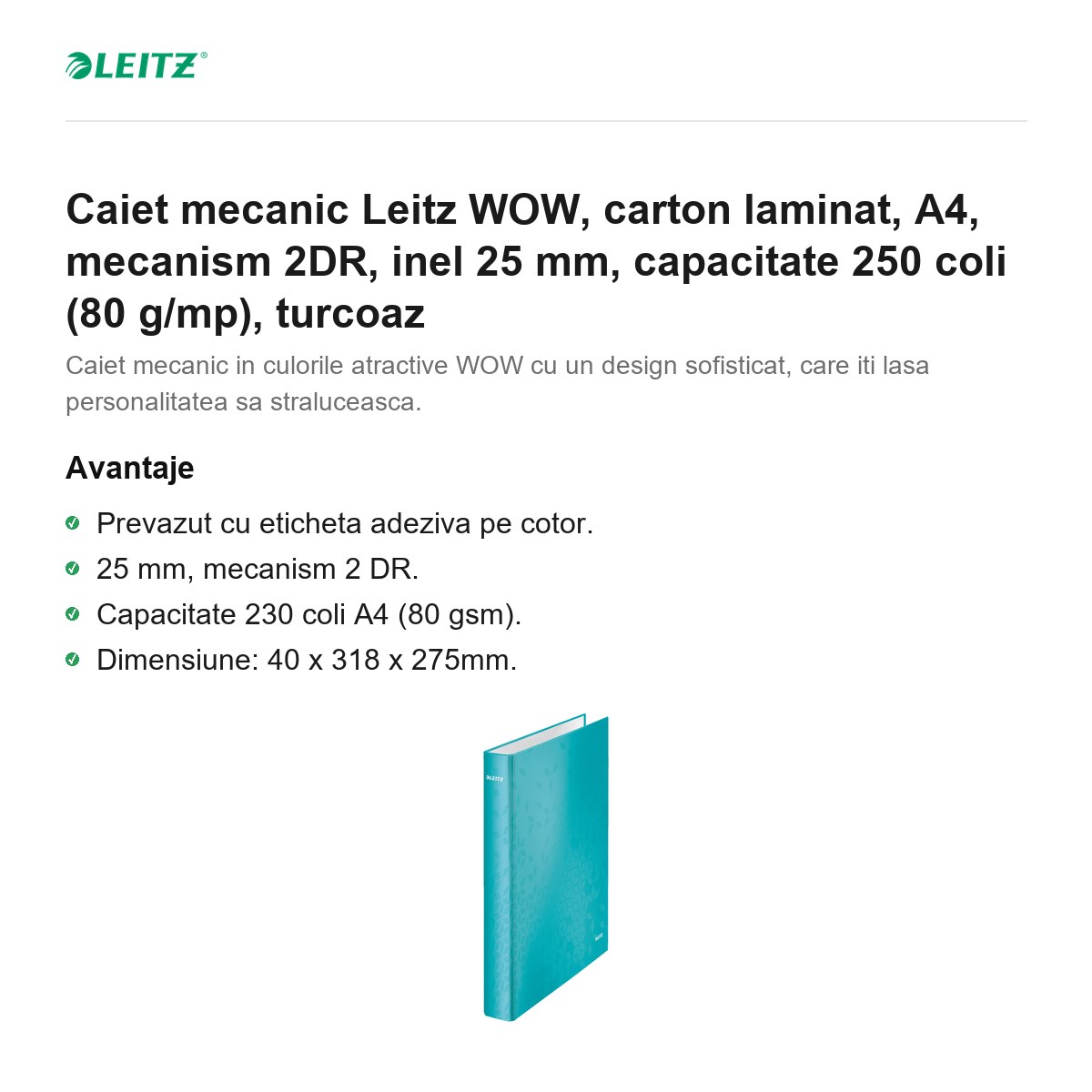 Caiet mecanic Leitz WOW, carton laminat, A4, mecanism 2DR, inel 25 mm, capacitate 250 coli (80 g/mp), turcoaz [1]