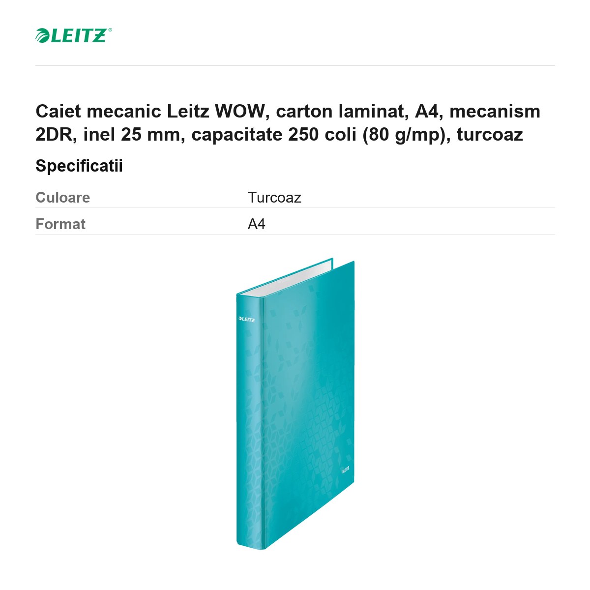 Caiet mecanic Leitz WOW, carton laminat, A4, mecanism 2DR, inel 25 mm, capacitate 250 coli (80 g/mp), turcoaz [2]