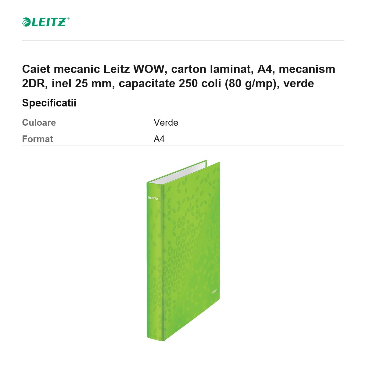Caiet mecanic Leitz WOW, carton laminat, A4, mecanism 2DR, inel 25 mm, capacitate 250 coli (80 g/mp), verde [2]