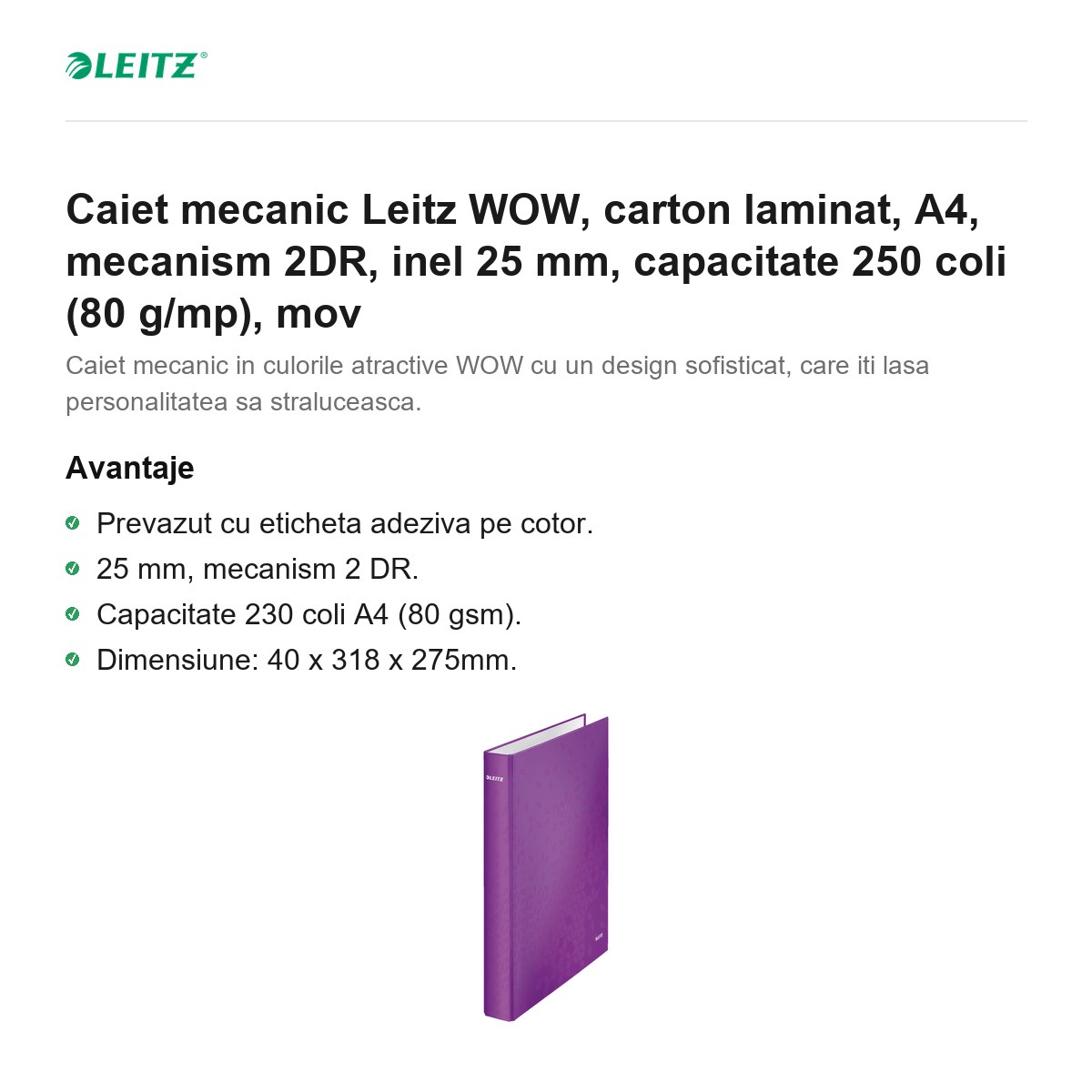 Caiet mecanic Leitz WOW, carton laminat, A4, mecanism 2DR, inel 25 mm, capacitate 250 coli (80 g/mp), mov [1]