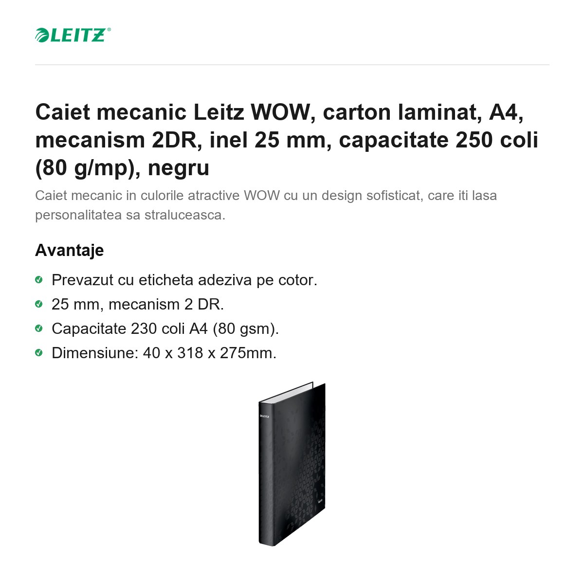 Caiet mecanic Leitz WOW, carton laminat, A4, mecanism 2DR, inel 25 mm, capacitate 250 coli (80 g/mp), negru [1]