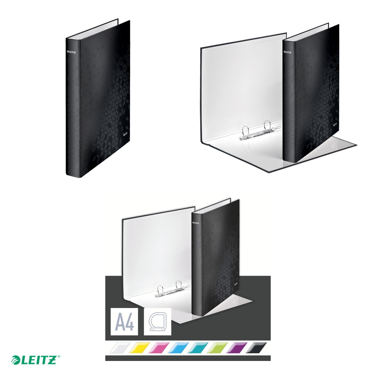 Caiet mecanic Leitz WOW, carton laminat, A4, mecanism 2DR, inel 25 mm, capacitate 250 coli (80 g/mp), negru [3]
