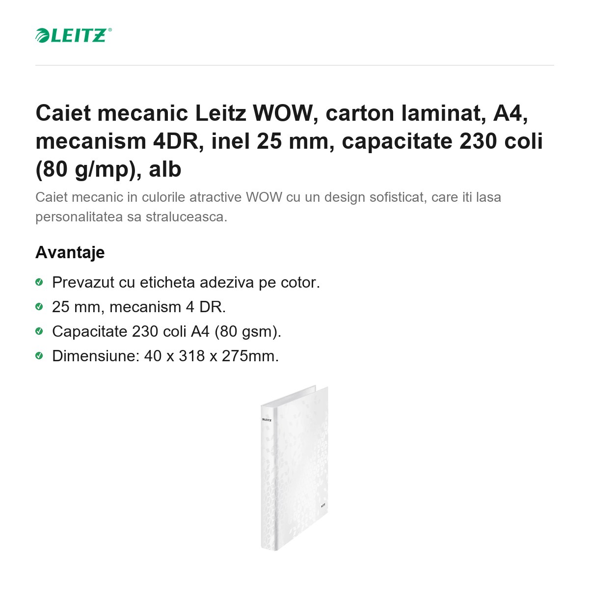 Caiet mecanic Leitz WOW, carton laminat, A4, mecanism 4DR, inel 25 mm, capacitate 230 coli (80 g/mp), alb [1]