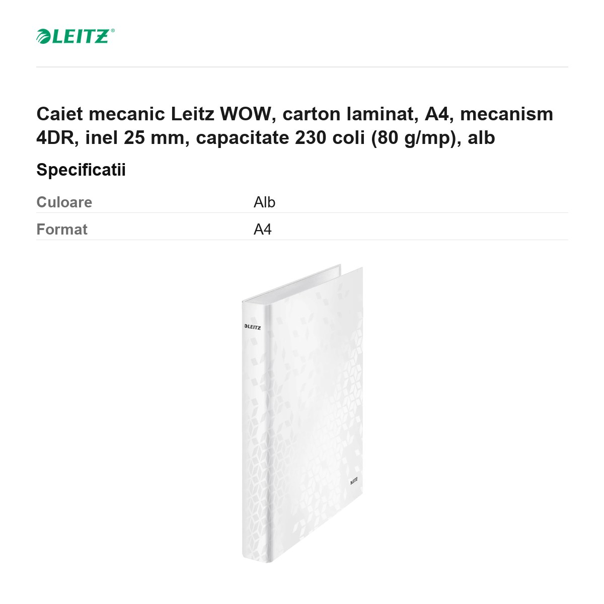 Caiet mecanic Leitz WOW, carton laminat, A4, mecanism 4DR, inel 25 mm, capacitate 230 coli (80 g/mp), alb [2]