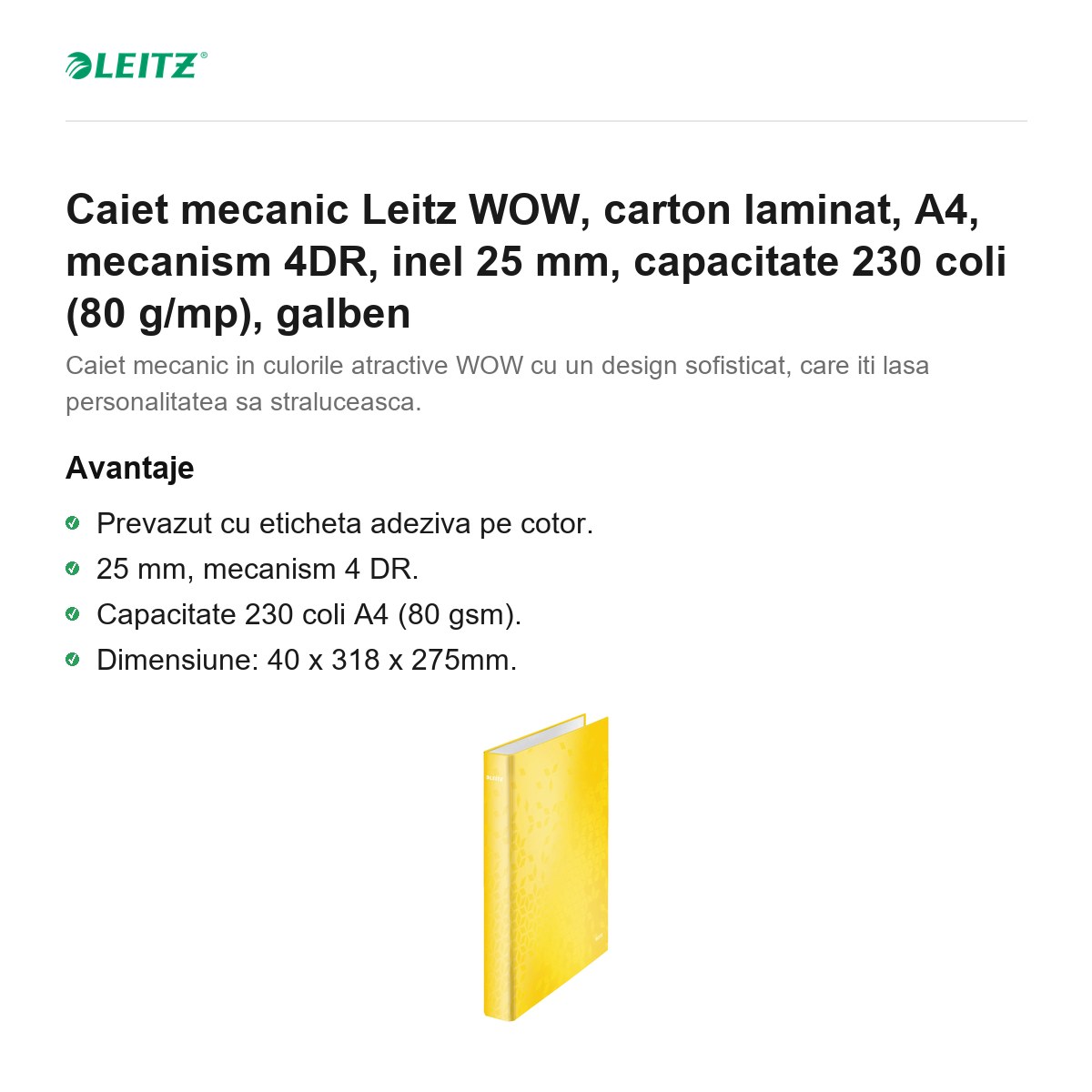 Caiet mecanic Leitz WOW, carton laminat, A4, mecanism 4DR, inel 25 mm, capacitate 230 coli (80 g/mp), galben [1]
