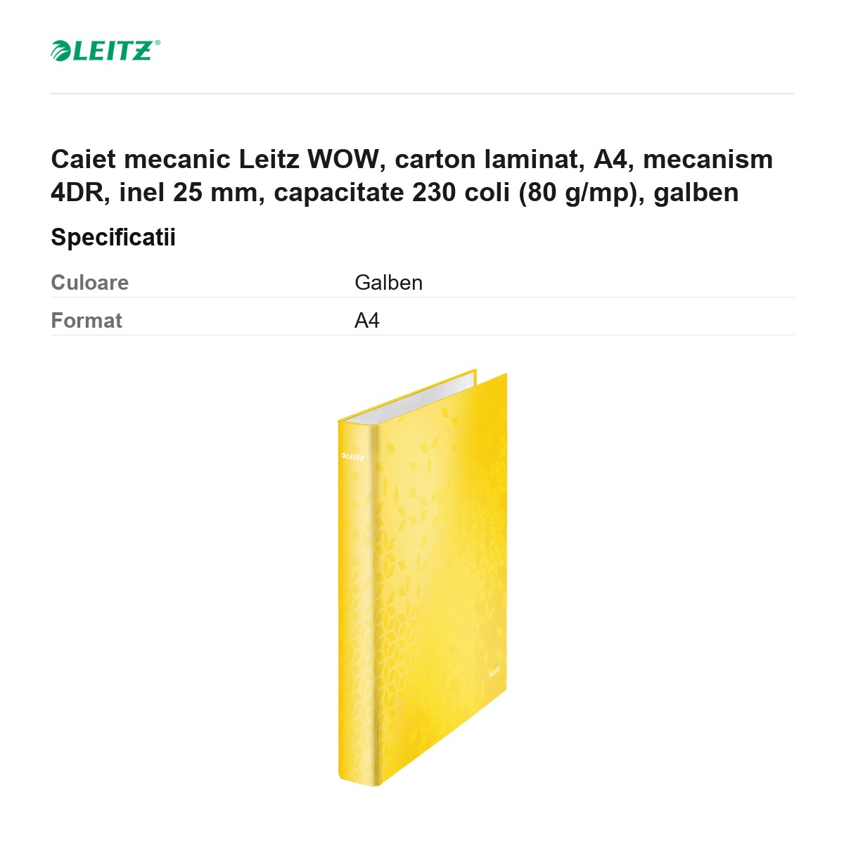 Caiet mecanic Leitz WOW, carton laminat, A4, mecanism 4DR, inel 25 mm, capacitate 230 coli (80 g/mp), galben [2]