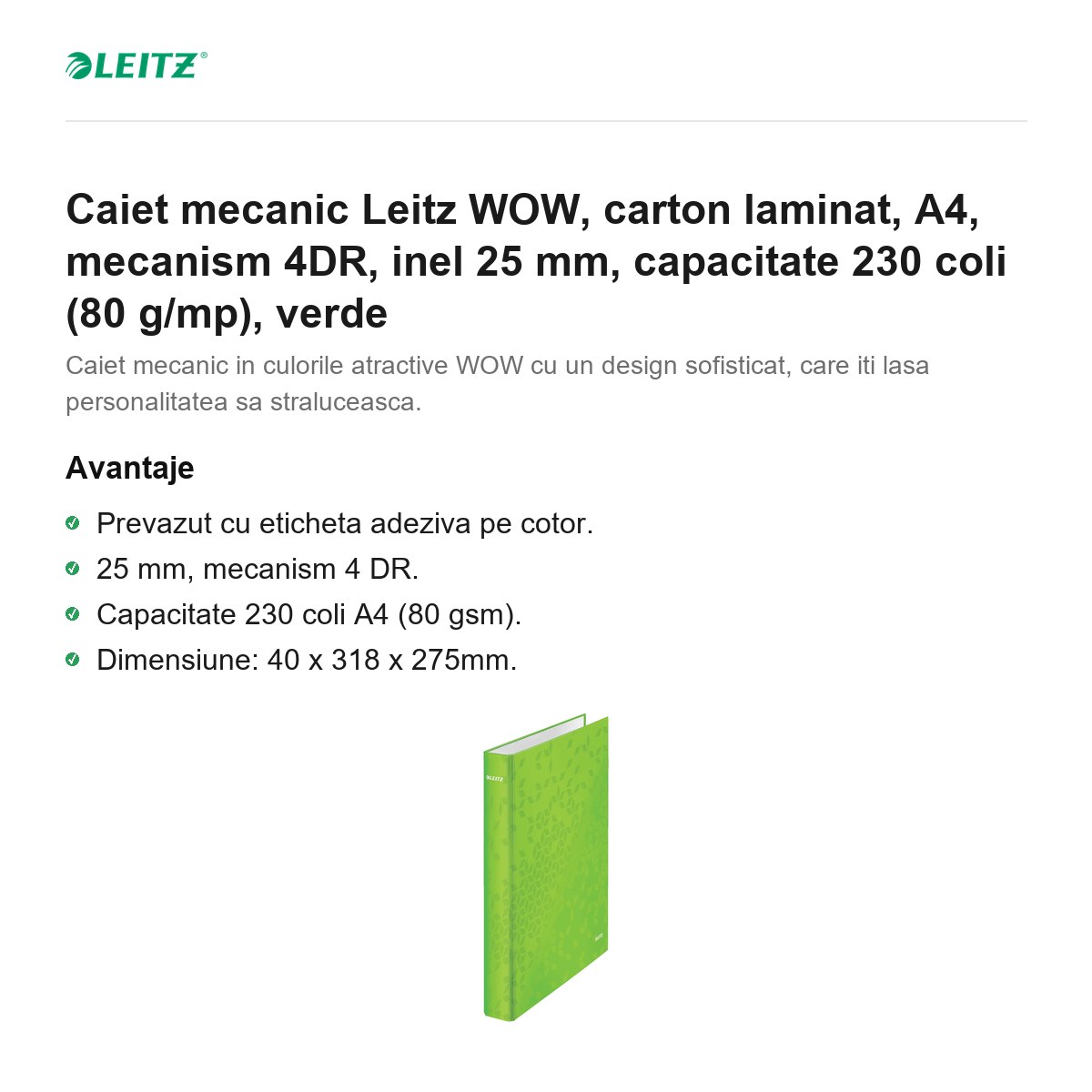 Caiet mecanic Leitz WOW, carton laminat, A4, mecanism 4DR, inel 25 mm, capacitate 230 coli (80 g/mp), verde [1]