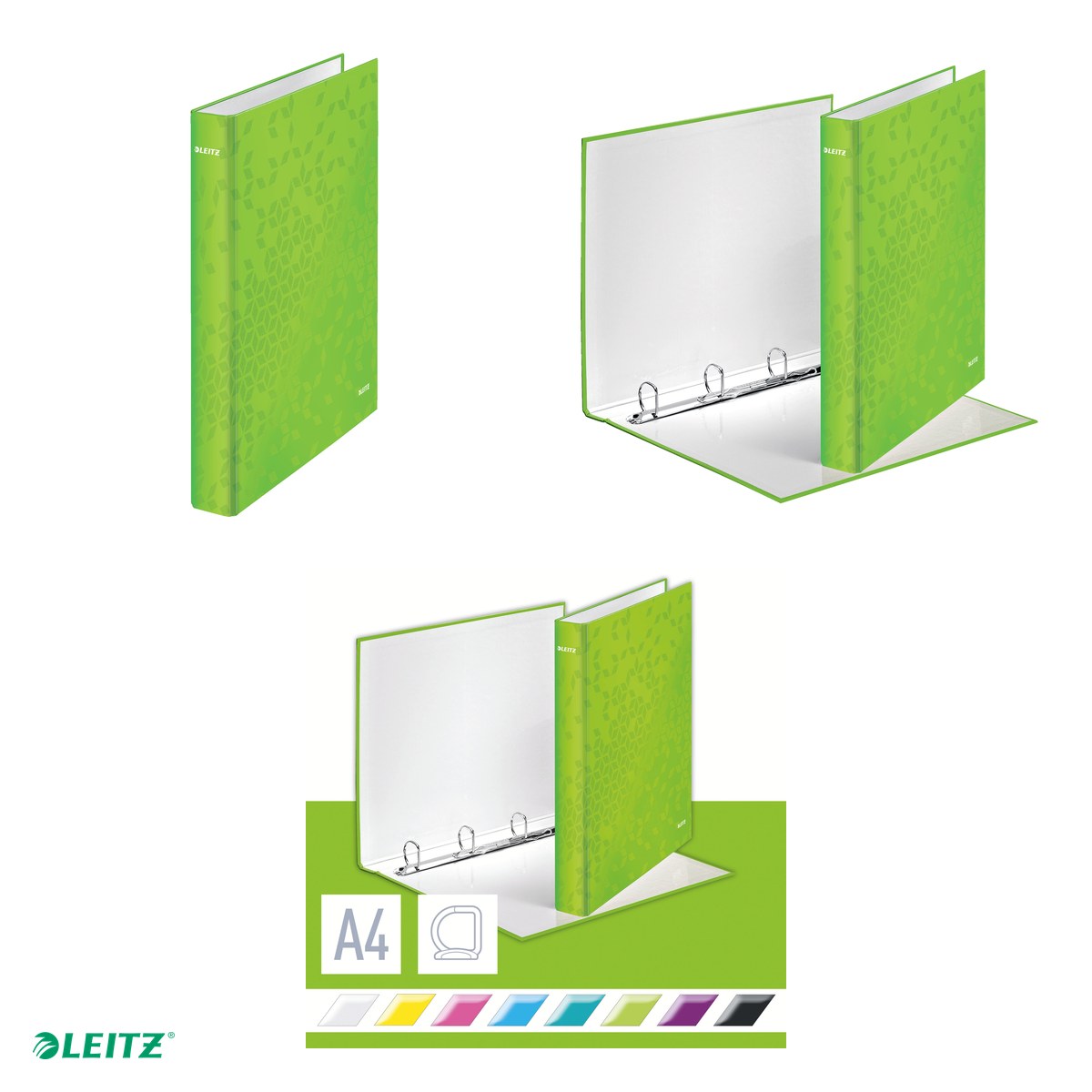 Caiet mecanic Leitz WOW, carton laminat, A4, mecanism 4DR, inel 25 mm, capacitate 230 coli (80 g/mp), verde [3]