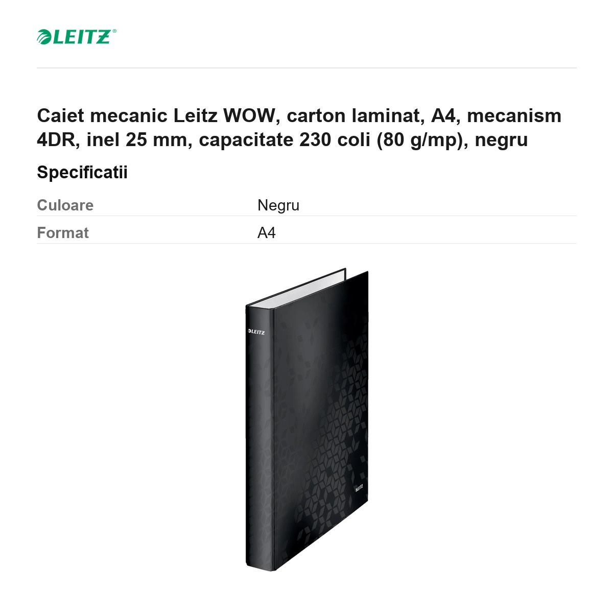 Caiet mecanic Leitz WOW, carton laminat, A4, mecanism 4DR, inel 25 mm, capacitate 230 coli (80 g/mp), negru [2]
