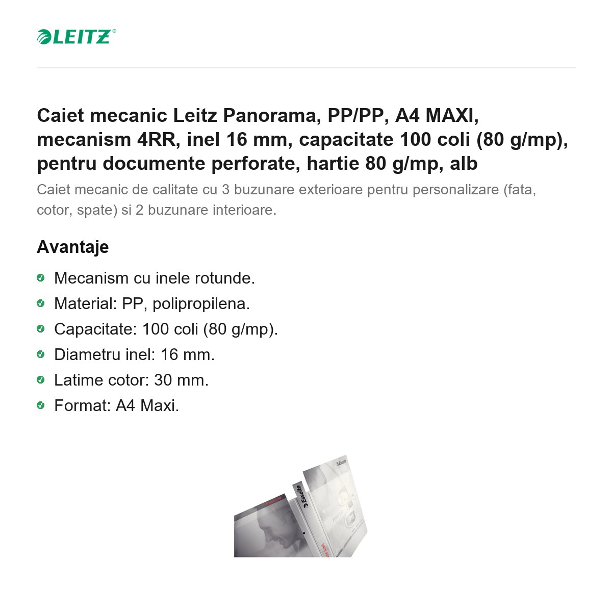 Caiet mecanic Leitz Panorama, PP/PP, A4 MAXI, mecanism 4RR, inel 16 mm, capacitate 100 coli (80 g/mp), pentru documente perforate, hartie 80 g/mp, alb [1]