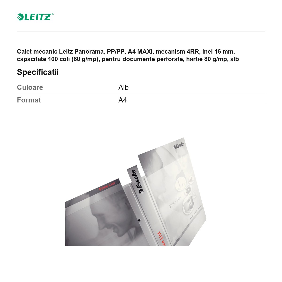 Caiet mecanic Leitz Panorama, PP/PP, A4 MAXI, mecanism 4RR, inel 16 mm, capacitate 100 coli (80 g/mp), pentru documente perforate, hartie 80 g/mp, alb [2]