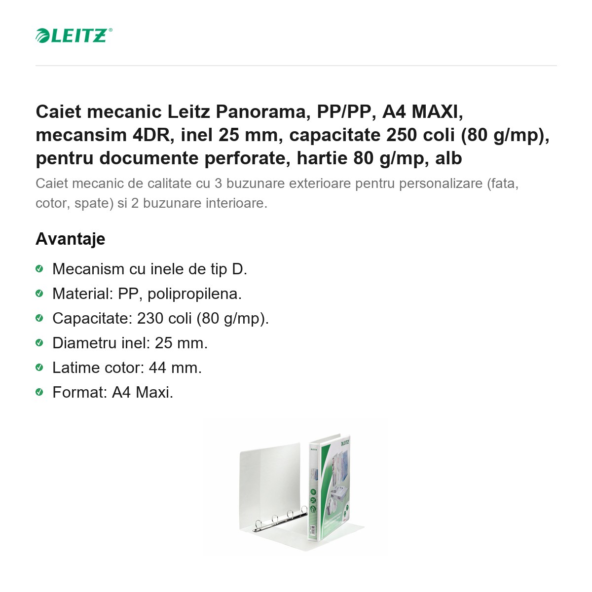 Caiet mecanic Leitz Panorama, PP/PP, A4 MAXI, mecansim 4DR, inel 25 mm, capacitate 250 coli (80 g/mp), pentru documente perforate, hartie 80 g/mp, alb [1]