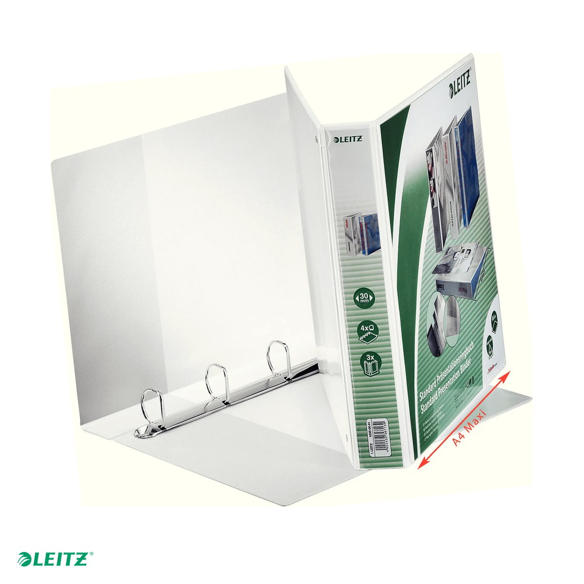 Caiete mecanice - Caiet mecanic Leitz Panorama, PP/PP, A4 MAXI, mecanism 4DR, inel 30 mm, capacitate 300 coli (80 g/mp), pentru documente perforate, hartie 80 g/mp, alb