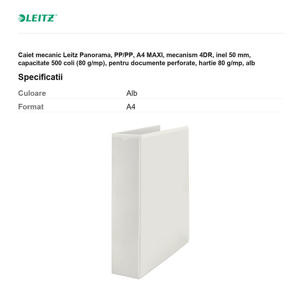 Caiet mecanic Leitz Panorama, PP/PP, A4 MAXI, mecanism 4DR, inel 50 mm, capacitate 500 coli (80 g/mp), pentru documente perforate, hartie 80 g/mp, alb [2]