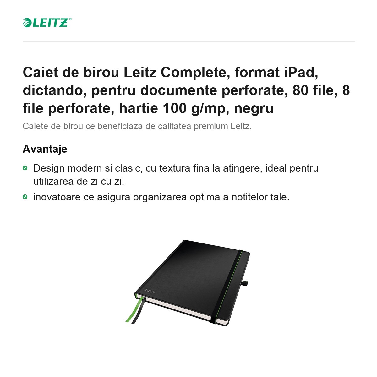 Caiet de birou Leitz Complete, format iPad, dictando, pentru documente perforate, 80 file, 8 file perforate, hartie 100 g/mp, negru [1]