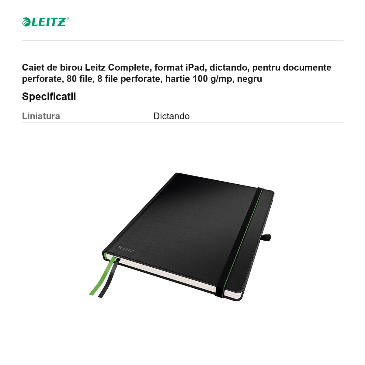 Caiet de birou Leitz Complete, format iPad, dictando, pentru documente perforate, 80 file, 8 file perforate, hartie 100 g/mp, negru [2]
