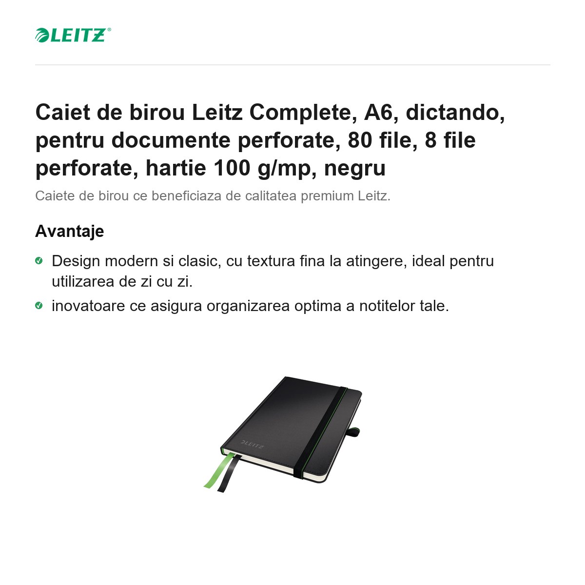 Caiet de birou Leitz Complete, A6, dictando, pentru documente perforate, 80 file, 8 file perforate, hartie 100 g/mp, negru [1]