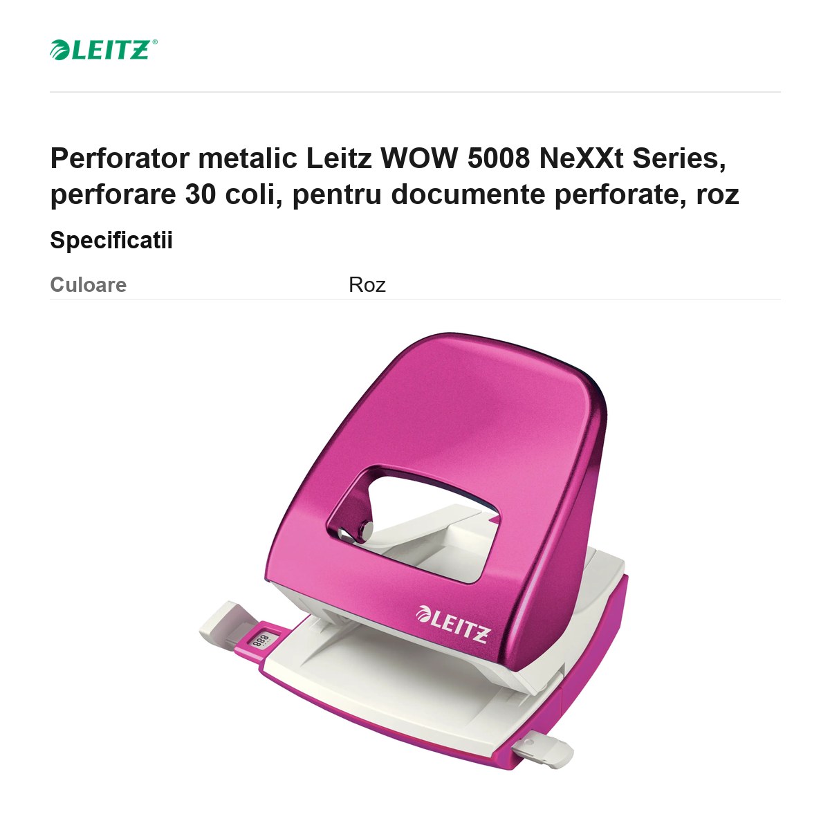 Perforator metalic Leitz WOW 5008 NeXXt Series, perforare 30 coli, pentru documente perforate, roz [2]
