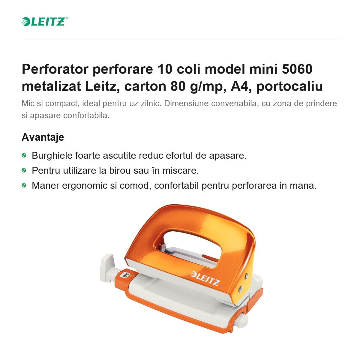 Perforator perforare 10 coli model mini 5060 metalizat Leitz, carton 80 g/mp, A4, portocaliu [1]