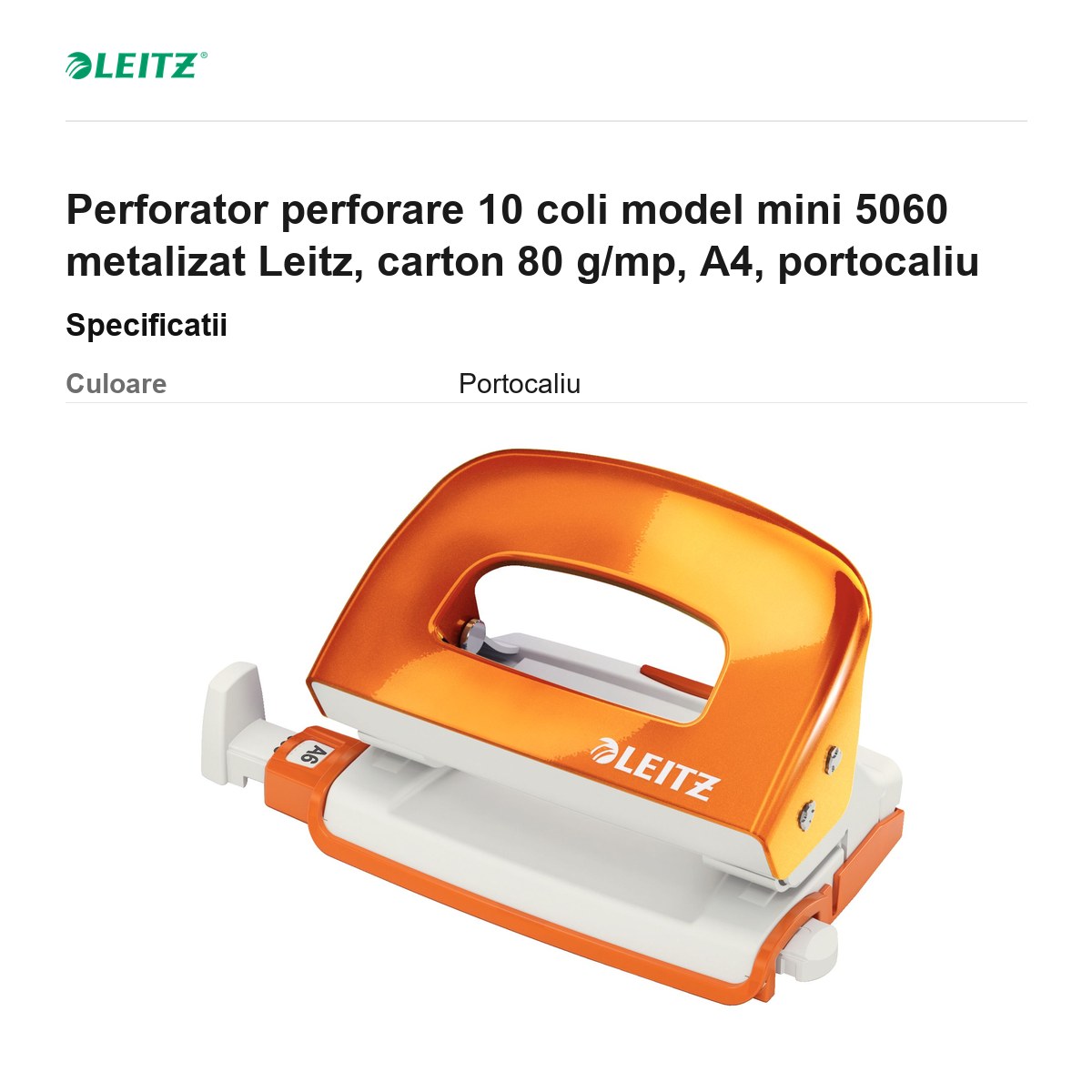 Perforator perforare 10 coli model mini 5060 metalizat Leitz, carton 80 g/mp, A4, portocaliu [2]
