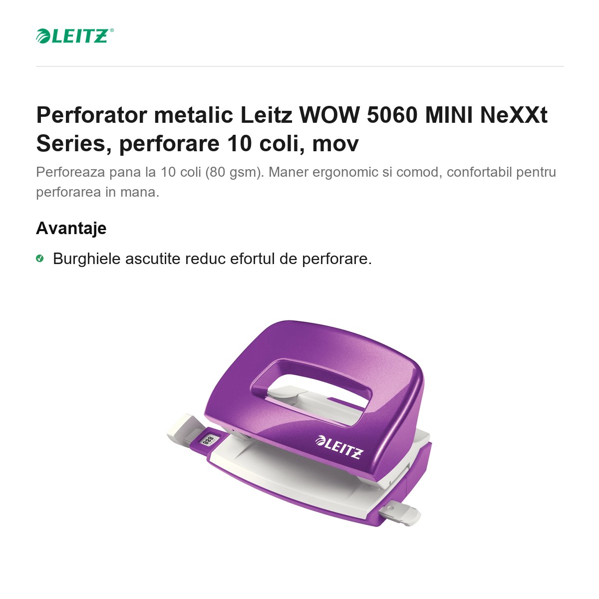 Perforator metalic Leitz WOW 5060 MINI NeXXt Series, perforare 10 coli, mov [1]