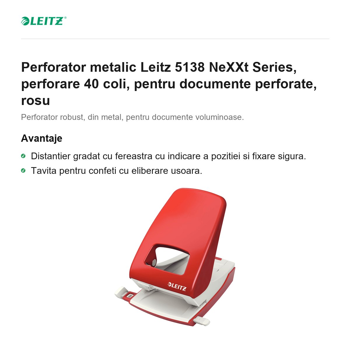 Perforator metalic Leitz 5138 NeXXt Series, perforare 40 coli, pentru documente perforate, rosu [1]