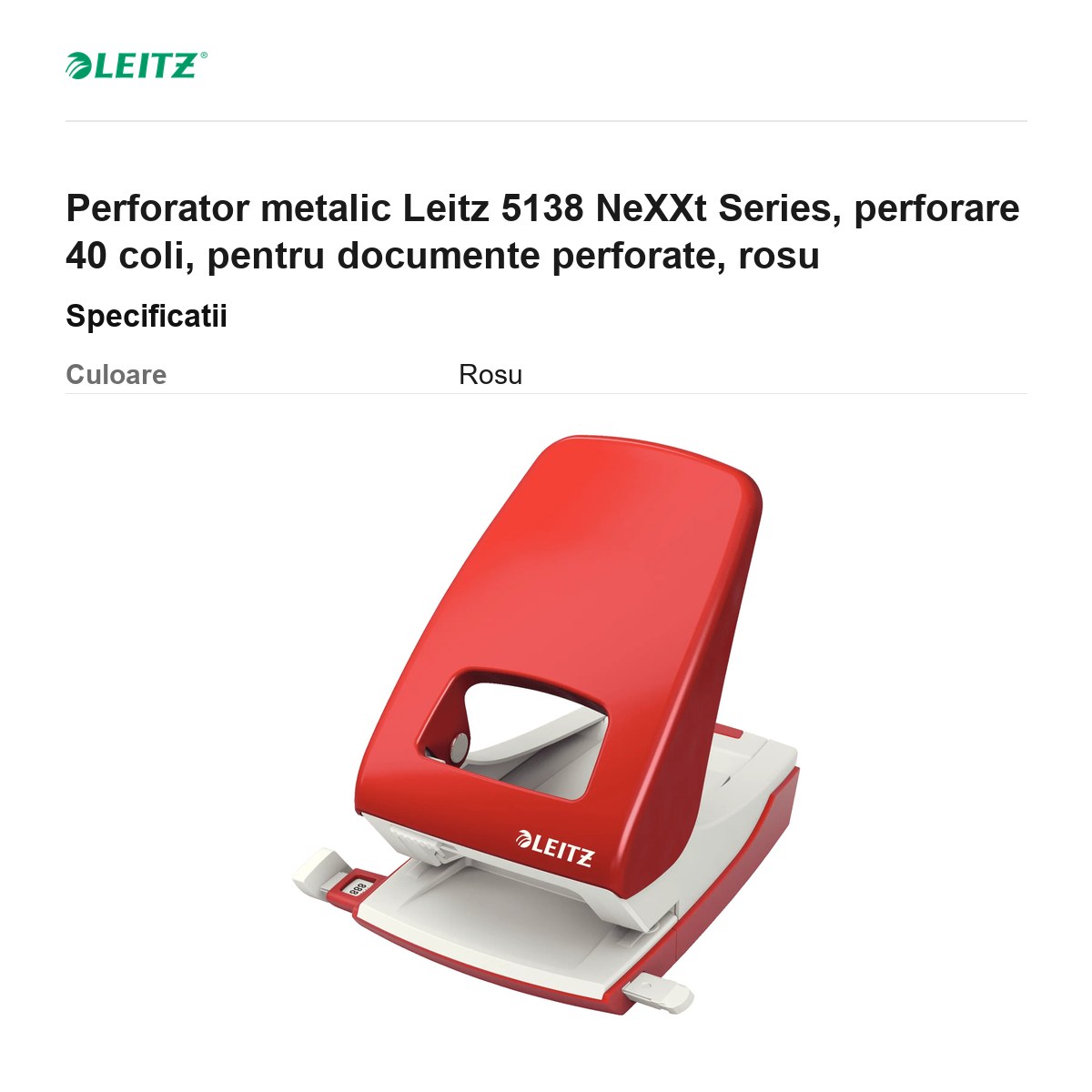 Perforator metalic Leitz 5138 NeXXt Series, perforare 40 coli, pentru documente perforate, rosu [2]