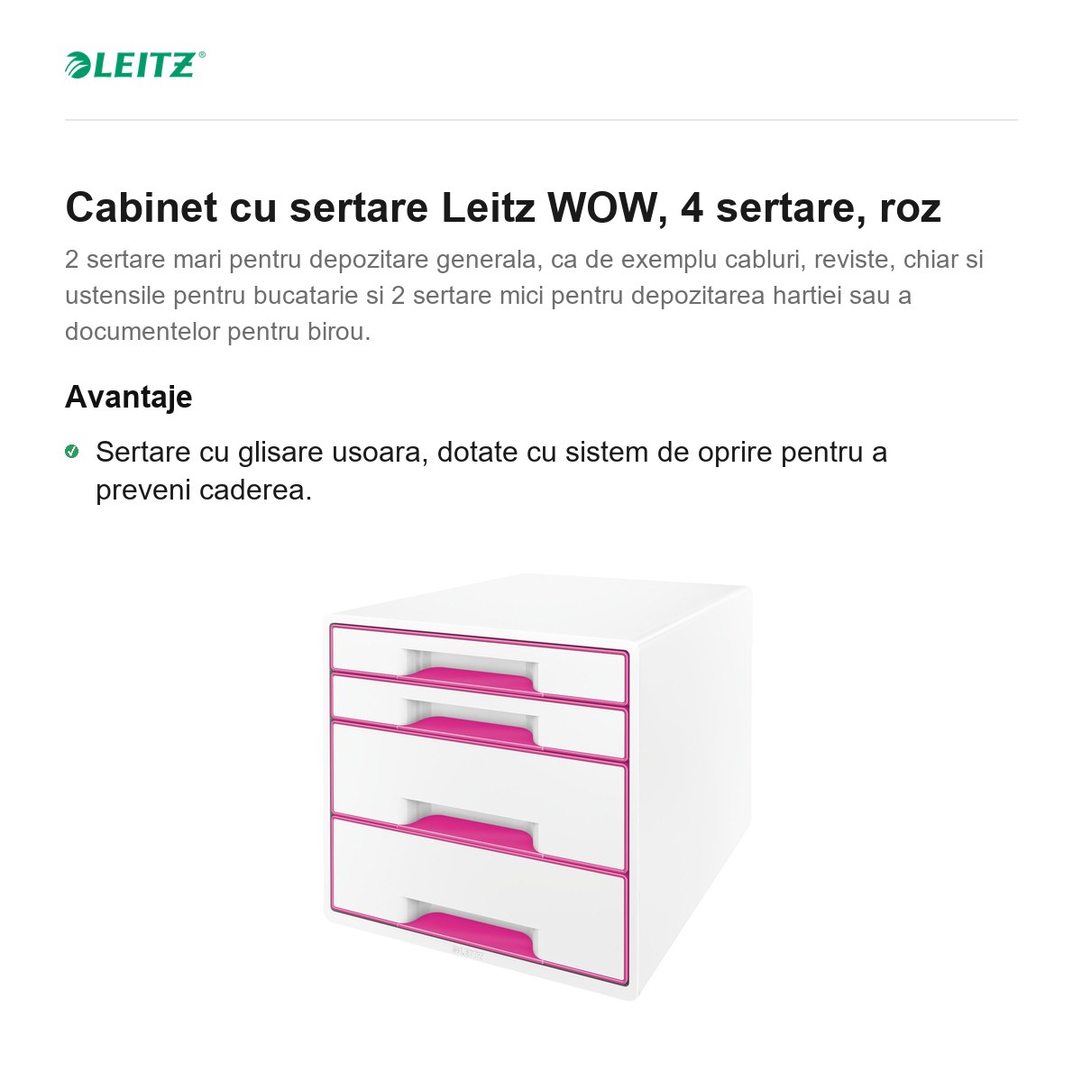 Cabinet cu sertare Leitz WOW, 4 sertare, roz [1]