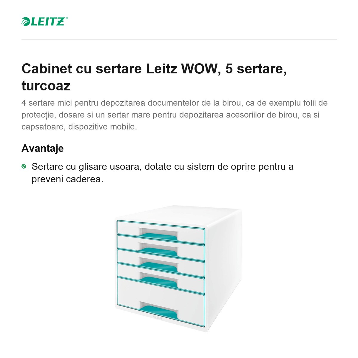 Cabinet cu sertare Leitz WOW, 5 sertare, turcoaz [1]