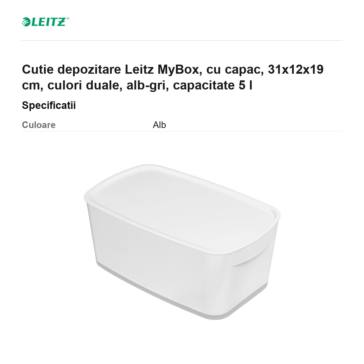 Cutie depozitare Leitz MyBox, cu capac, 31x12x19 cm, culori duale, alb-gri, capacitate 5 l [2]