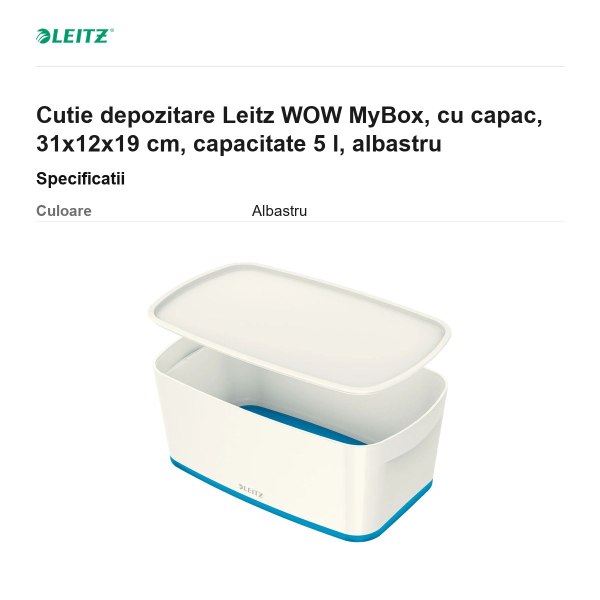Cutie depozitare Leitz WOW MyBox, cu capac, 31x12x19 cm, capacitate 5 l, albastru [2]