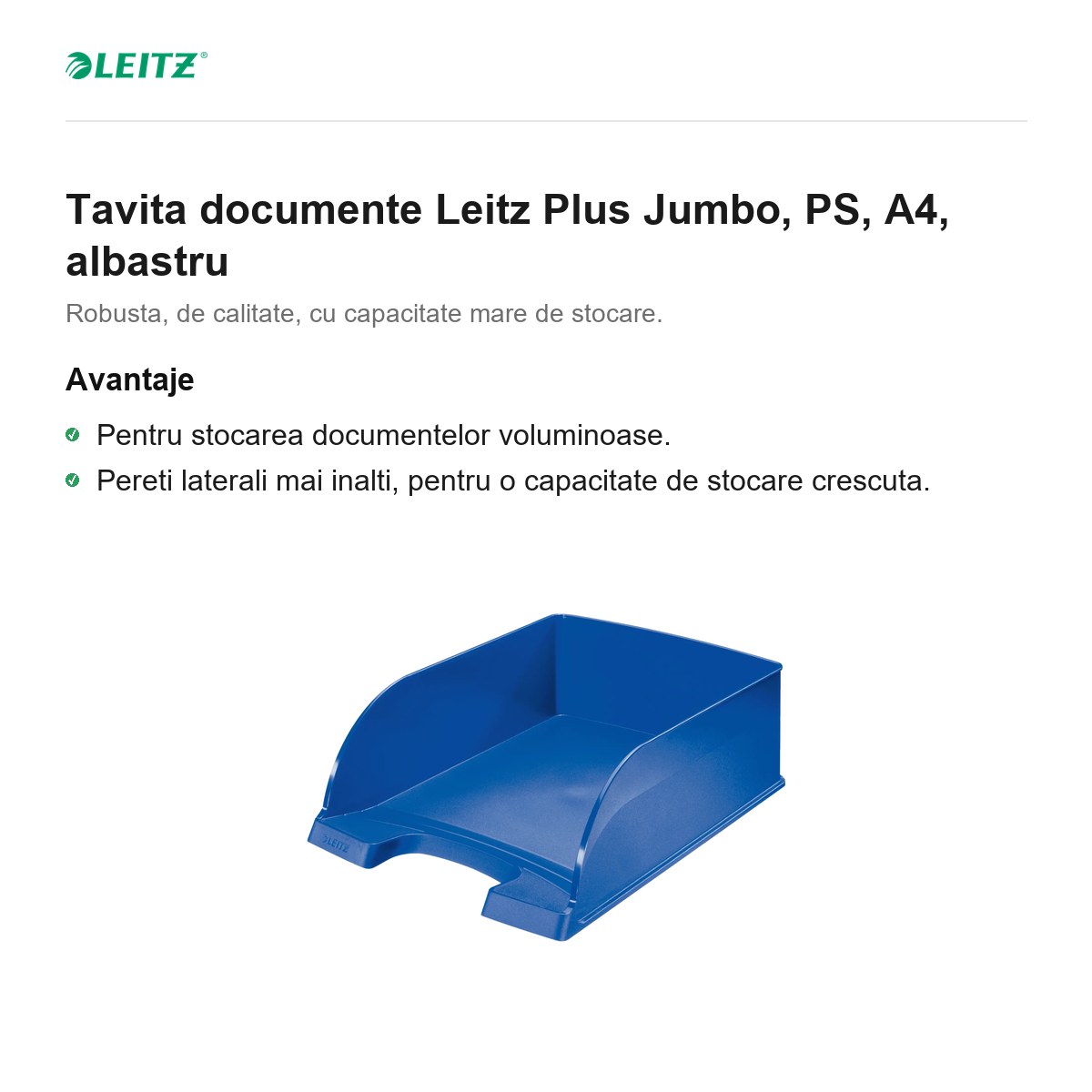 Tavita documente Leitz Plus Jumbo, PS, A4, albastru [1]