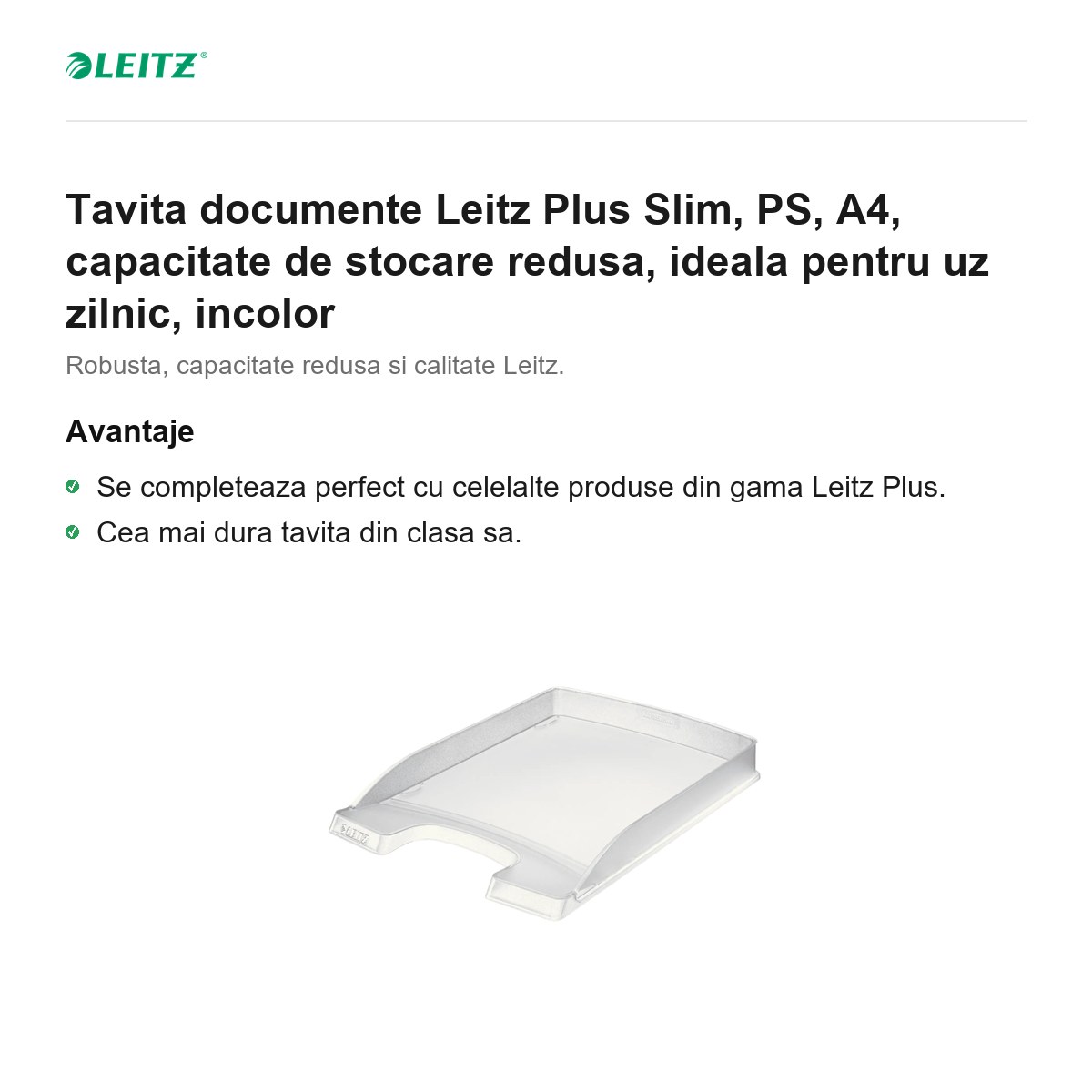 Tavita documente Leitz Plus Slim, PS, A4, capacitate de stocare redusa, ideala pentru uz zilnic, incolor [1]