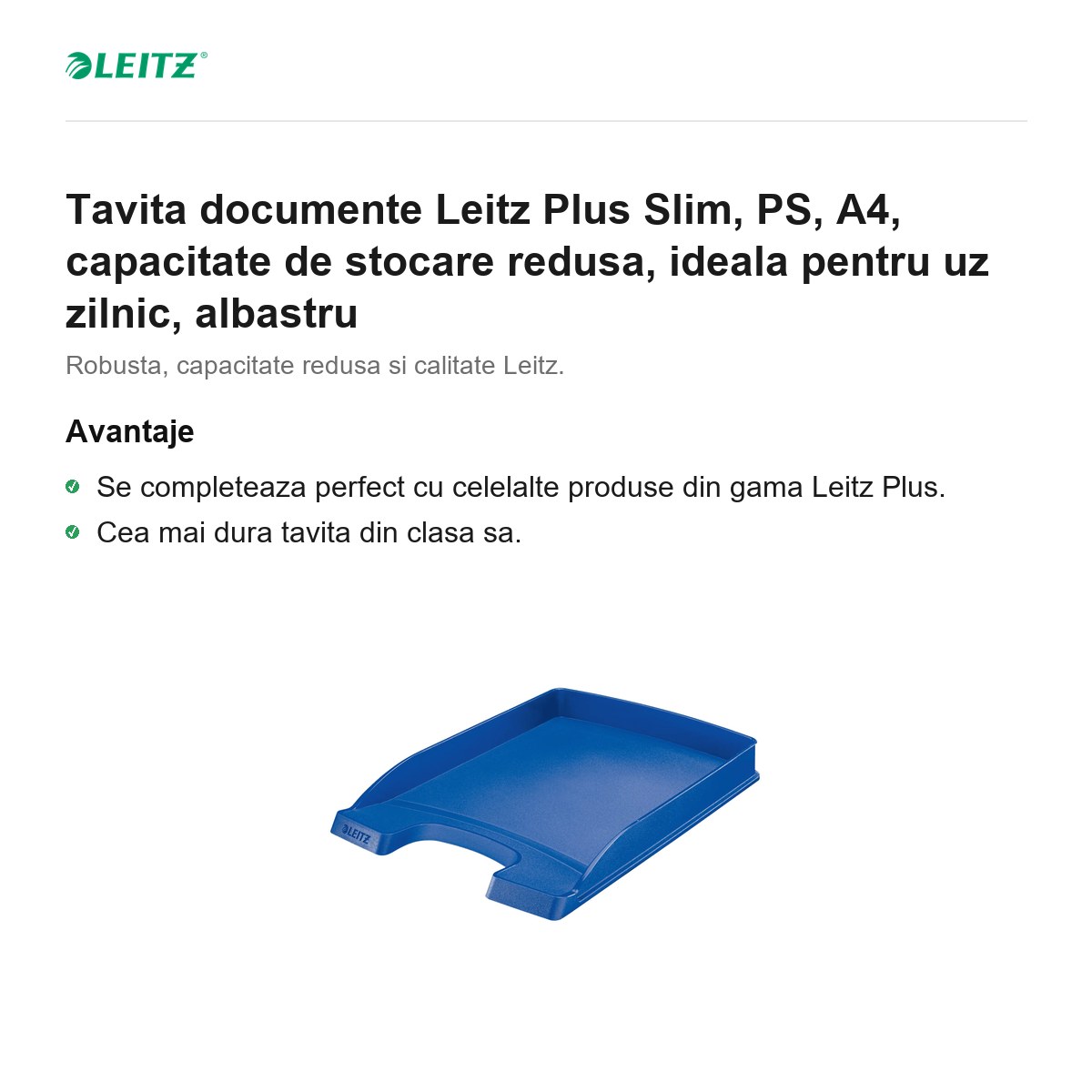 Tavita documente Leitz Plus Slim, PS, A4, capacitate de stocare redusa, ideala pentru uz zilnic, albastru [1]